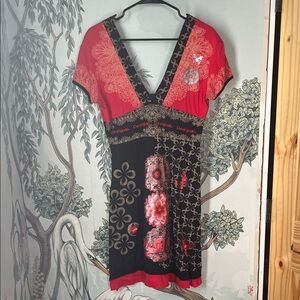 Desigual Red and Black Floral short dress, vintage, medium.